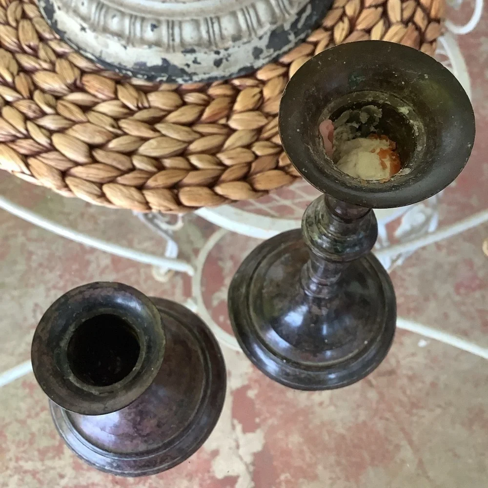 Vintage Antique Patina Silver Tone Candlesticks Taper Candle Holders